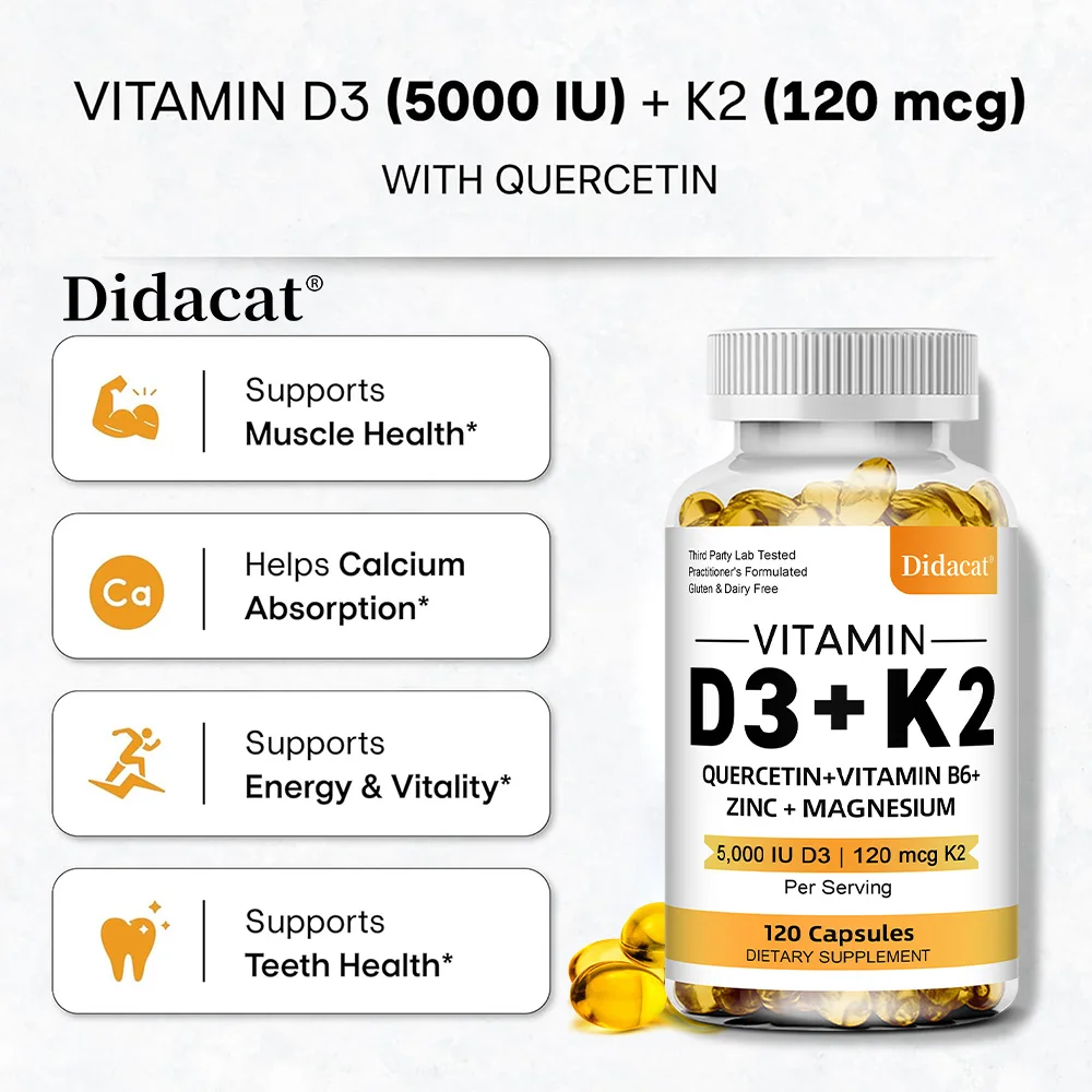 Vitamin D3 5000IU and 120 Mcg Vitamin K2 Capsules for Calcium Absorption, Bone Regeneration, Immune Support, Easy To Melt 4